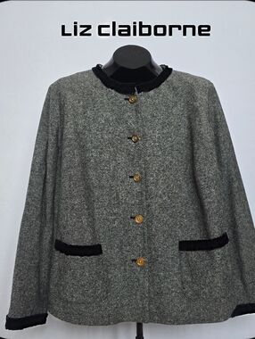 Liz Claiborne Women's Button Blazer Gray Black Wool Silk Blend 2XL